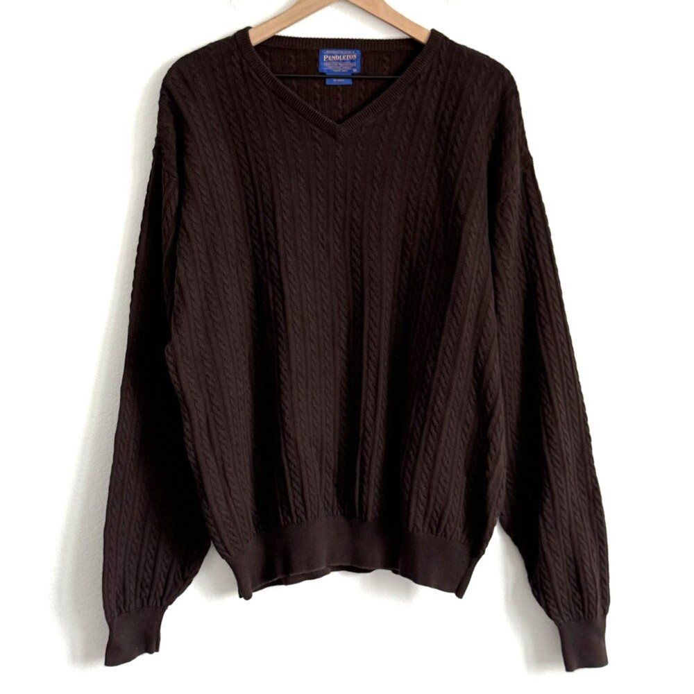 VTG Pendleton Brown Cable Knit Sweater Mens L Cotton V-Neck Old Money Preppy